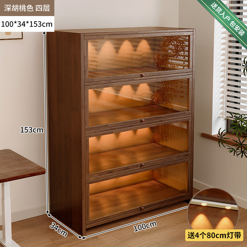 Solid wood dust-proof bookcase integrated against the wall Walnut color storage cabinet Locker Floor storage cabinet Household bookshelf