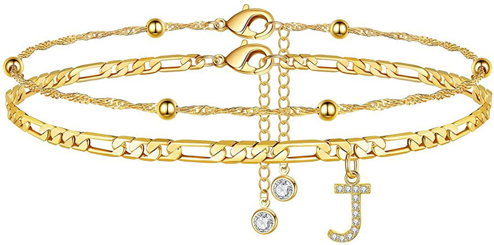 export hot-selling 26-letter anklet, zircon letter anklet, minimalist fashion seed bead cuban double-layer anklet