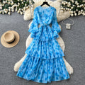 French romantic lantern sleeve printed dress - korean style, cinched waist, flowy maxi dress, high-end vacation vibe
