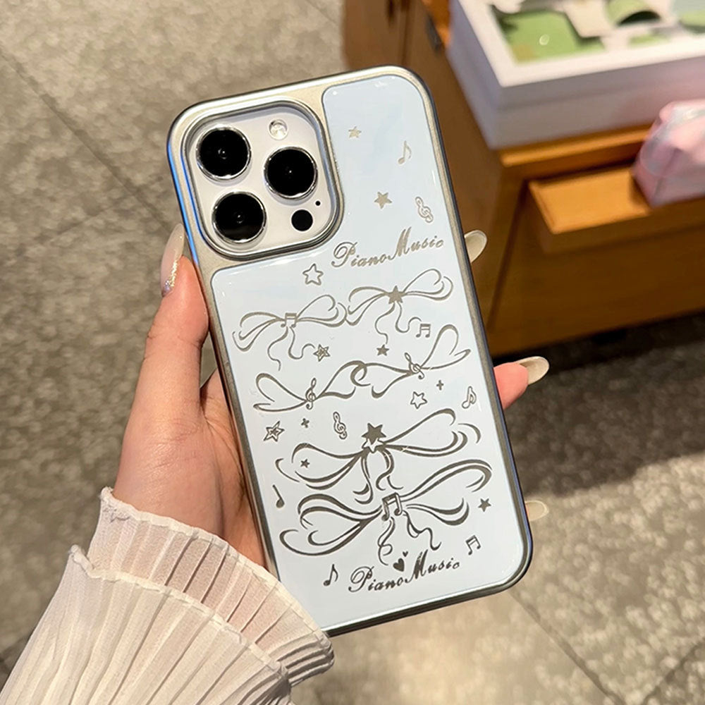 Joyful notes electroplated phone case for iphone 16 pro max, apple 15 epoxy protective cover, 14 bowknot design
