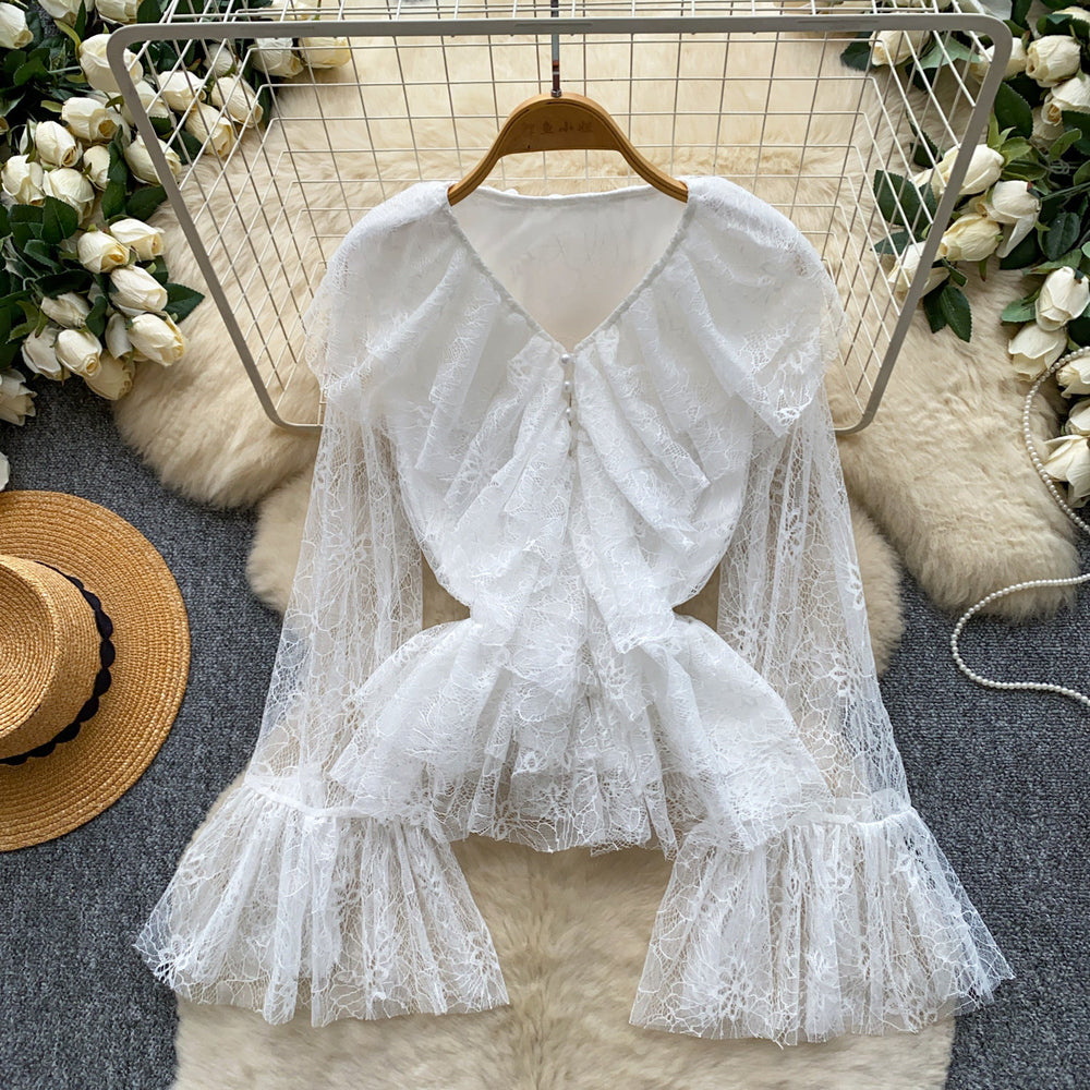 French romantic lace ruffle v-neck flared sleeve top - chic and slimming, autumn  collection