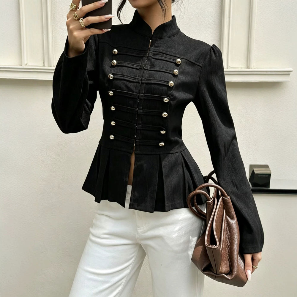 new european and american cross-border fashion: french retro chic, versatile, waist-defining, slim-fit, stand collar, long sleeve jacket top