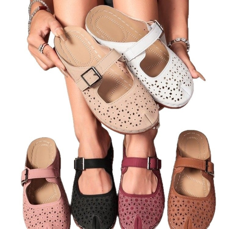 Exportnew arrivalplus sizecut out toe thick bottom slippers women's retro style buckle lazy back empty half slippers sandals wholesale