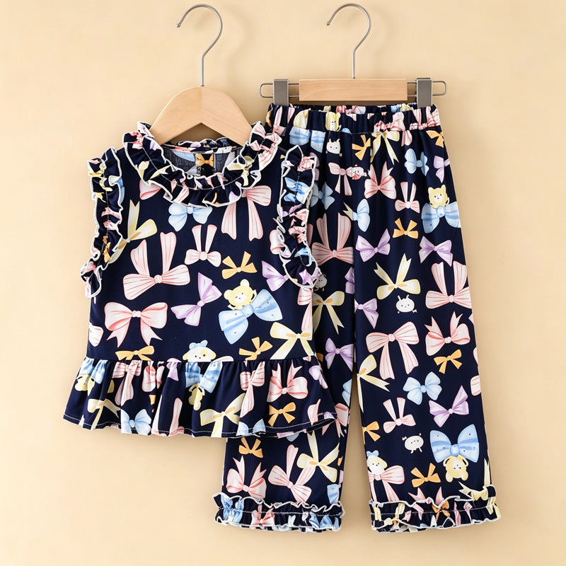 Girls' rayon outerwear set - cartoon print, loungewear, loose fit, breathable, cute summer lightweight lace pajamas