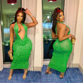 C6605 cross-border   fashion women's solid color hollow-out wavy pattern maxi dress