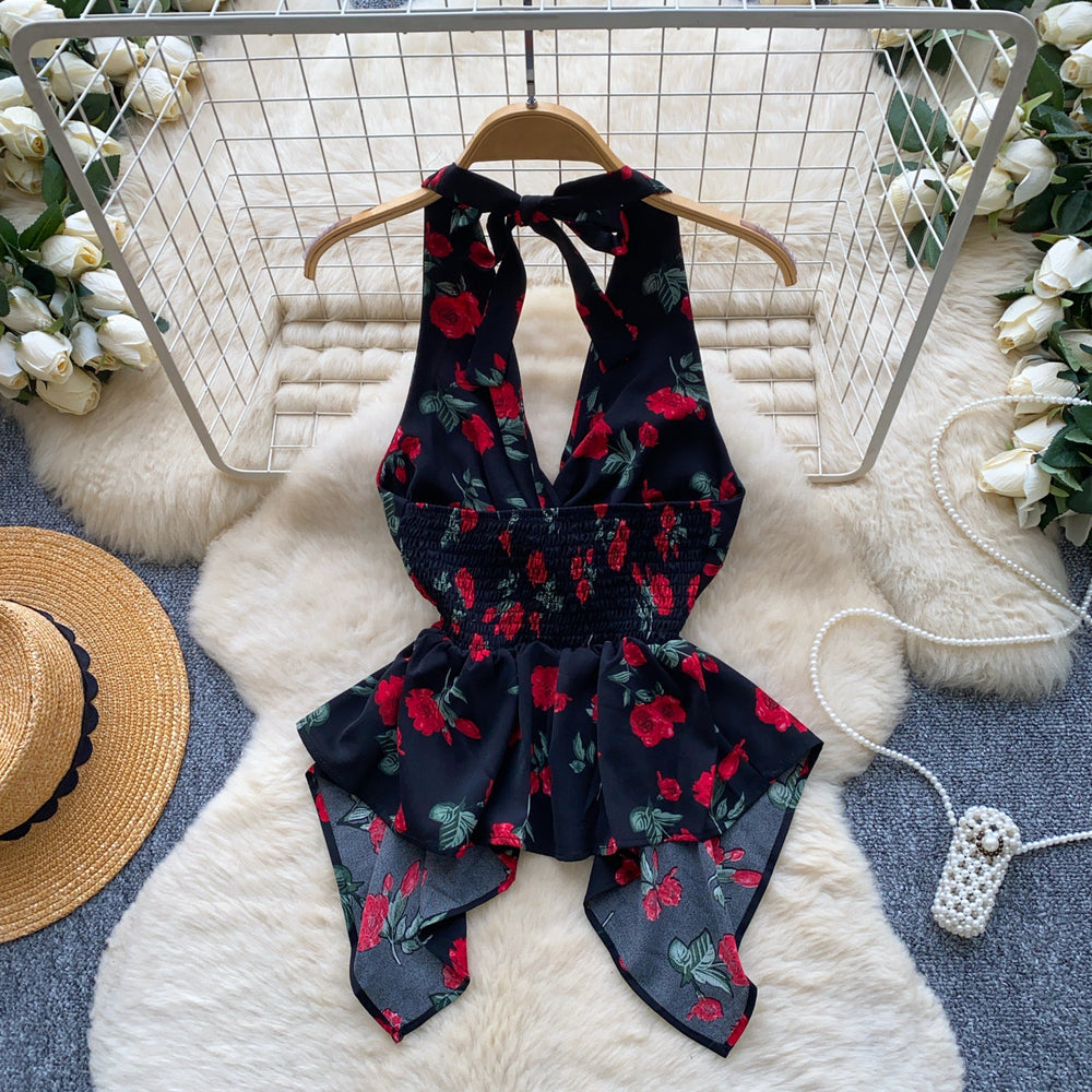 Sexy pure lust style vacation style v neckhalter vest women's summer twist tie backless hot girl eleganttops