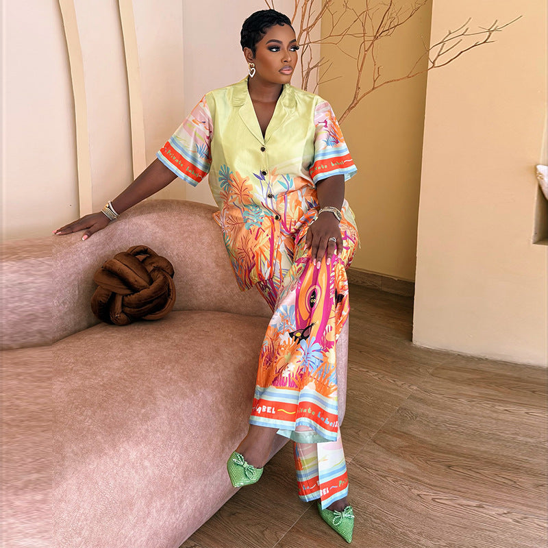 European and american style women's  autumn new collection: sweet and fresh printed blazer collar short sleeve shirt and high-waisted straight-leg pants two-piece set