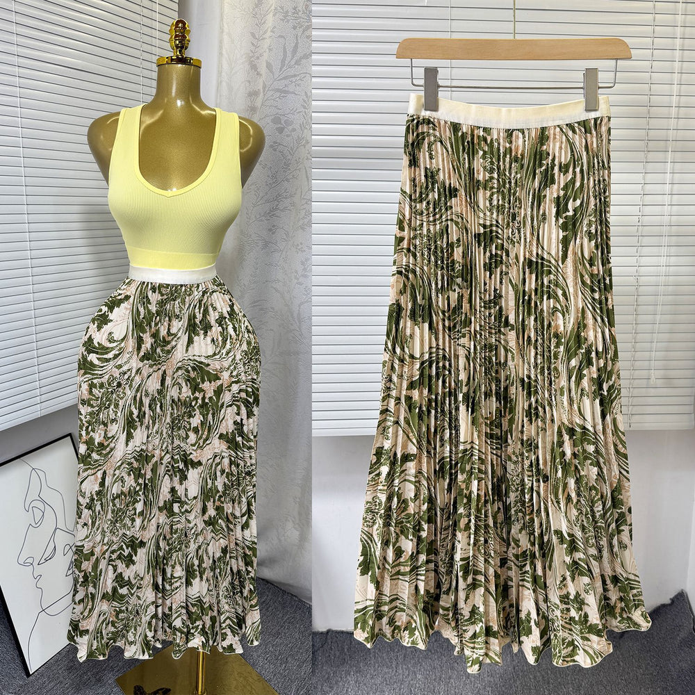 export  spring/summer new arrival: printed pleated a-line midi skirt with elastic waist and full sweep