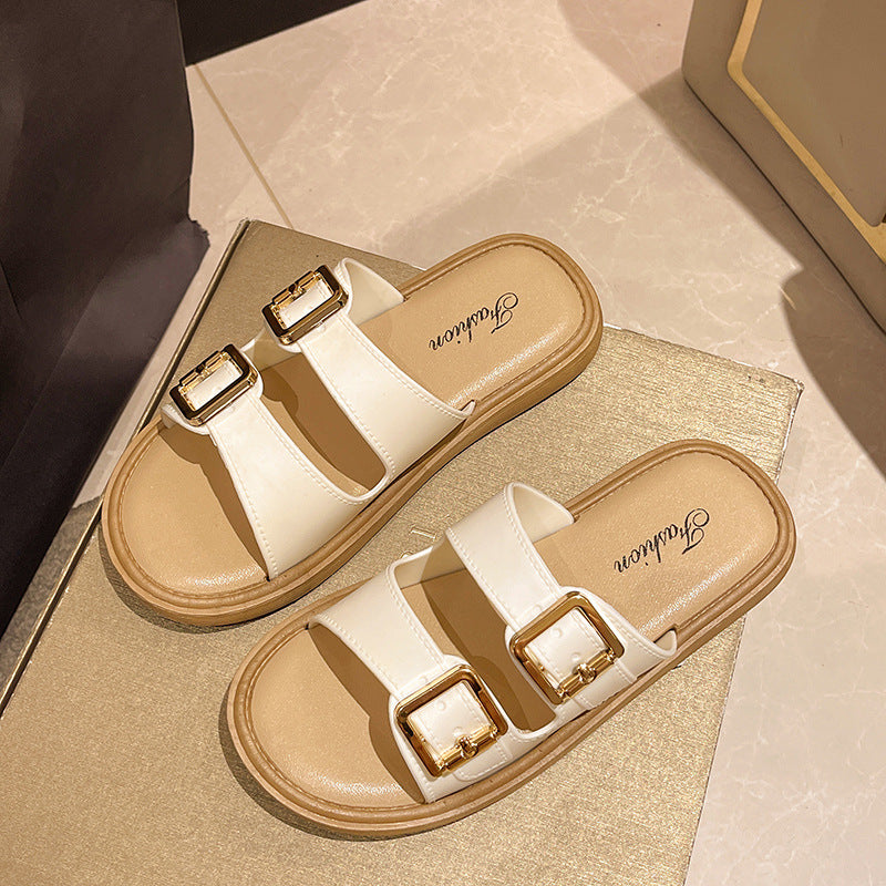2024 new retro fairy style soft sole flat leather buckle slippers women's summer beach one-strap sandals