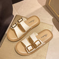 2024 new retro fairy style soft sole flat leather buckle slippers women's summer beach one-strap sandals