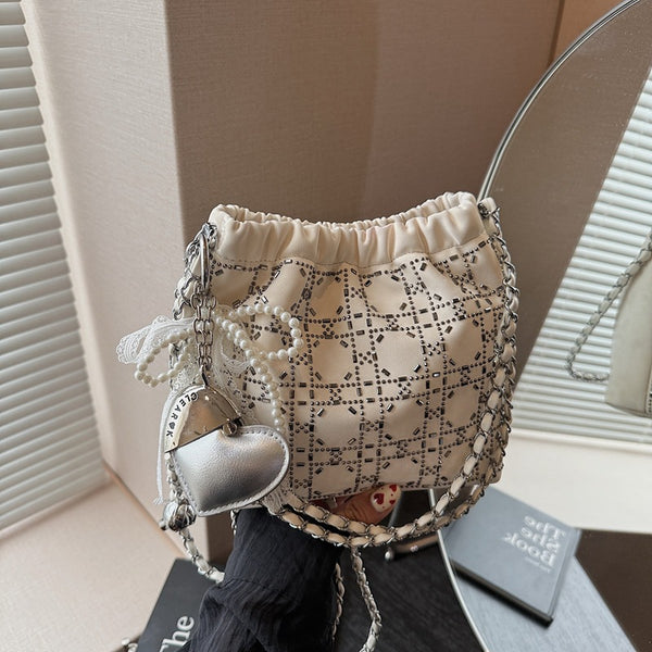 Textured diamond-encrusted bag, simple urban women's 2025 summer new trend rhinestone tote bag, shoulder crossbody bucket bag