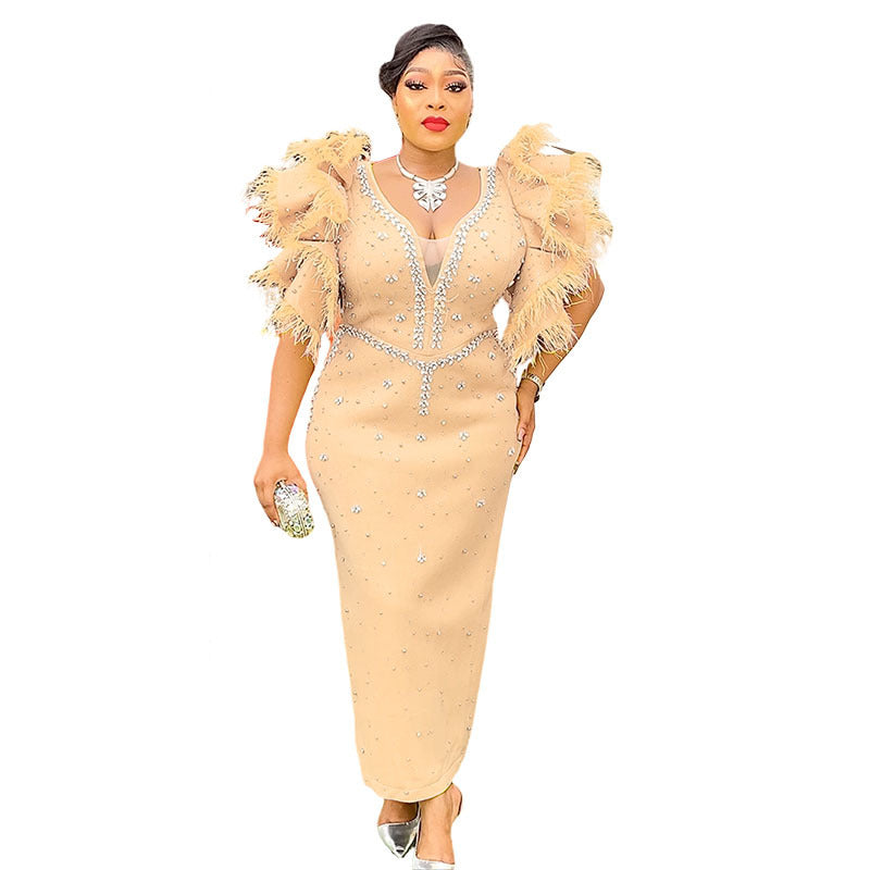 African women's mesh bodycon dress with rhinestone embellishments, elegant v-neck, long skirt, short sleeves - cross-border fashion wholesale