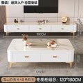 Coffee table and tv stand set - snow mountain white rock slab + white cabinet with gold airplane legs, 120cm + 180cm
