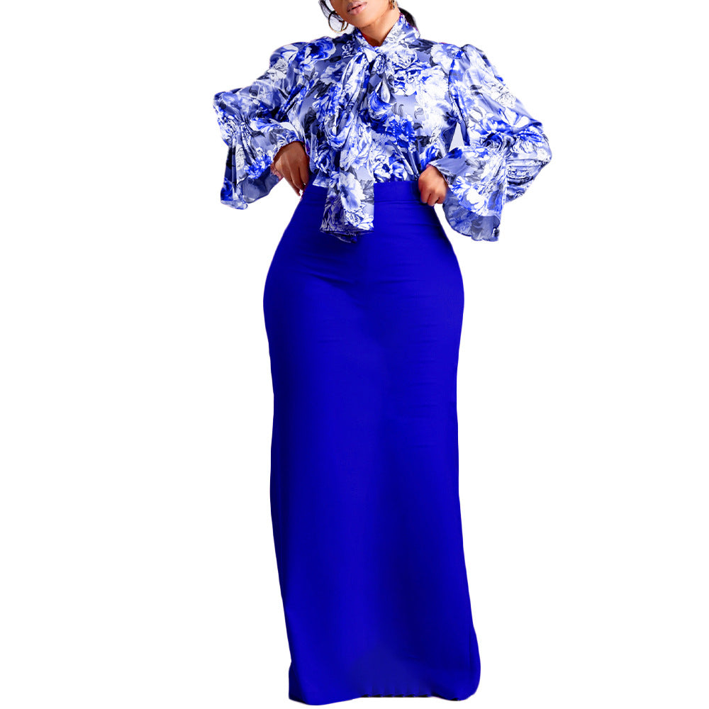 D323 european and american clothing  new fashion printed tie-up long sleeve shirt and midi skirt two-piece set - cross-border