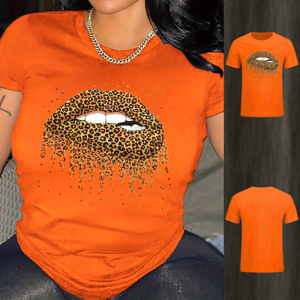 S390728 Lips Leopard Print Short Sleeve T-Shirt Women