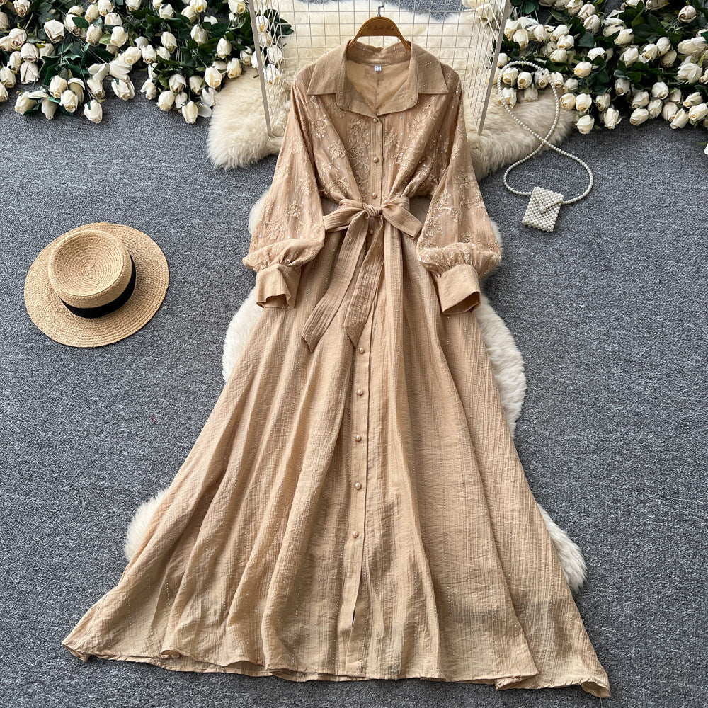 Frenchretro lapel lantern sleeve sequindress women's summerk-style strap waist slimming look long skirt work clothing