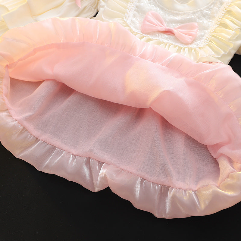 Girls' dress: sweet and stylish round neck floral lace bow patchwork long sleeve princess dress for toddlers and young children