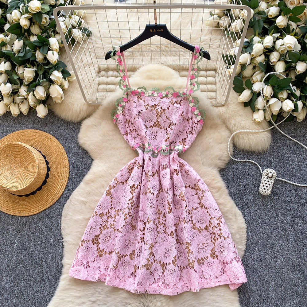 French romantic 3d rose lace cami dress - women's summer sexy slimming a-line dress