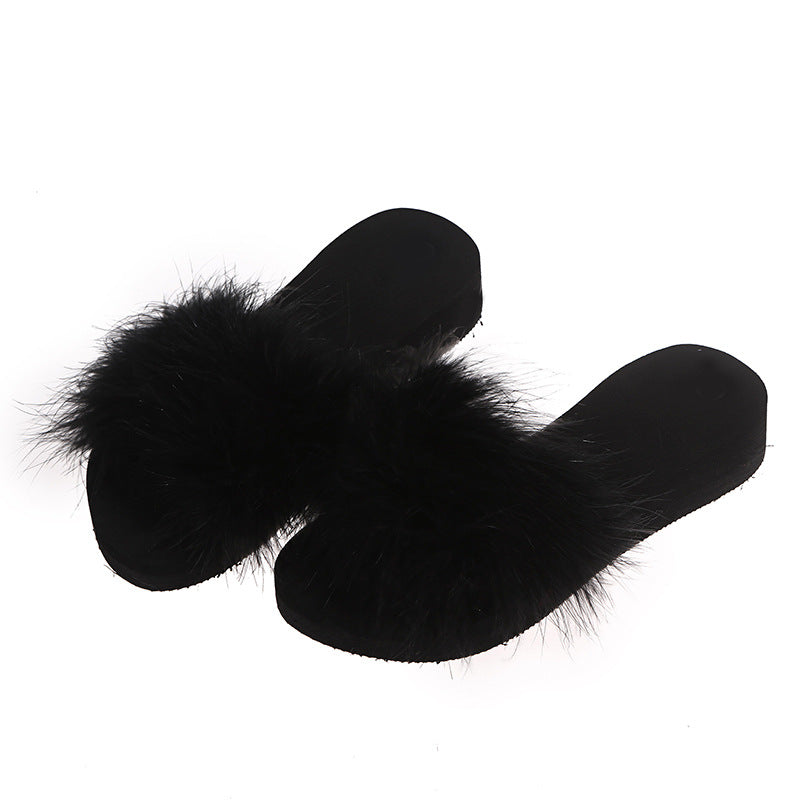 Wholesale processing of turkey feather slippers, women's real fur flip-flops, fur fur sandals, thick-soled sandals, cross-border slippers