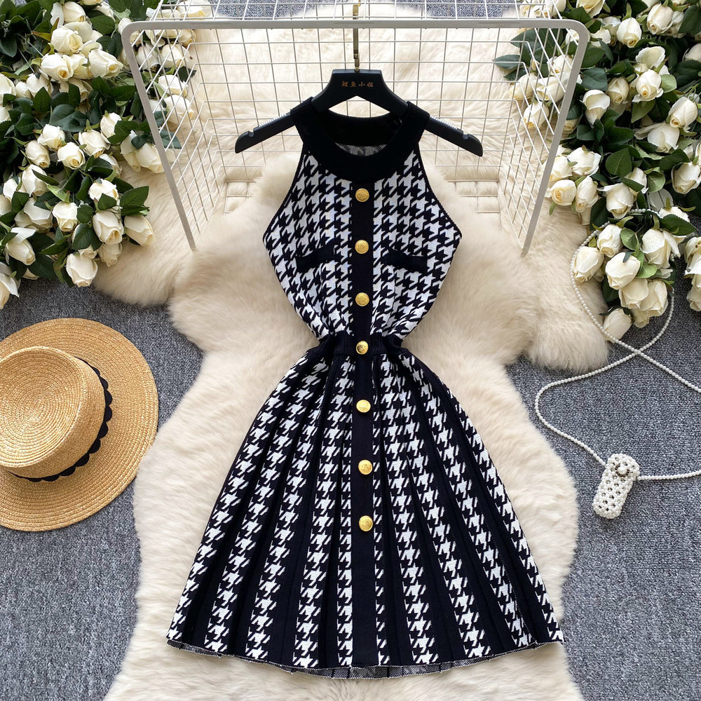 Chanel-inspired sleeveless halter knit dress - women's  summer french style cinched waist metallic buckle houndstooth sweater dress