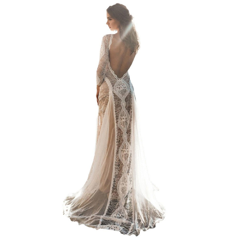 spring new arrivals: european and american style women's elegant party & wedding dresses - round neck, long sleeve, printed, open back lace dress