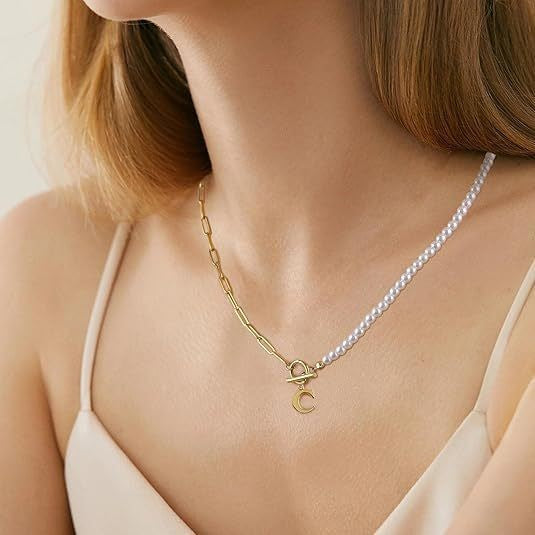 Amazon bestseller: pearl chain link necklace with english letter pendant - pearl chain letter necklace
