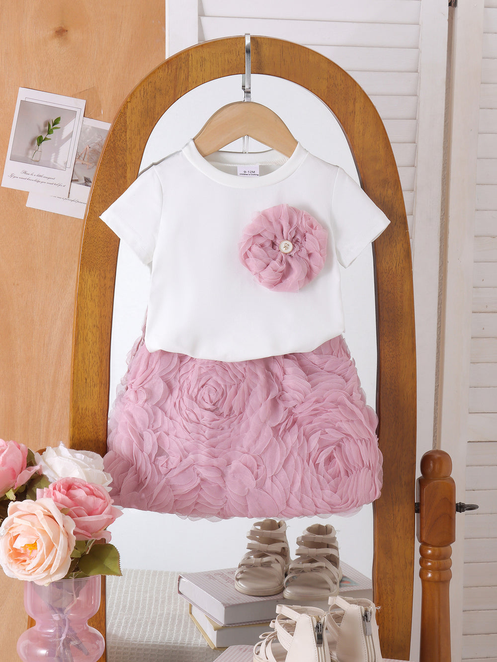Children's clothing cross-border european and american girls white short-sleeved t-shirt + pink skirt two-piece set