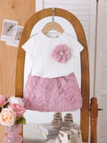 Children's clothing cross-border european and american girls white short-sleeved t-shirt + pink skirt two-piece set