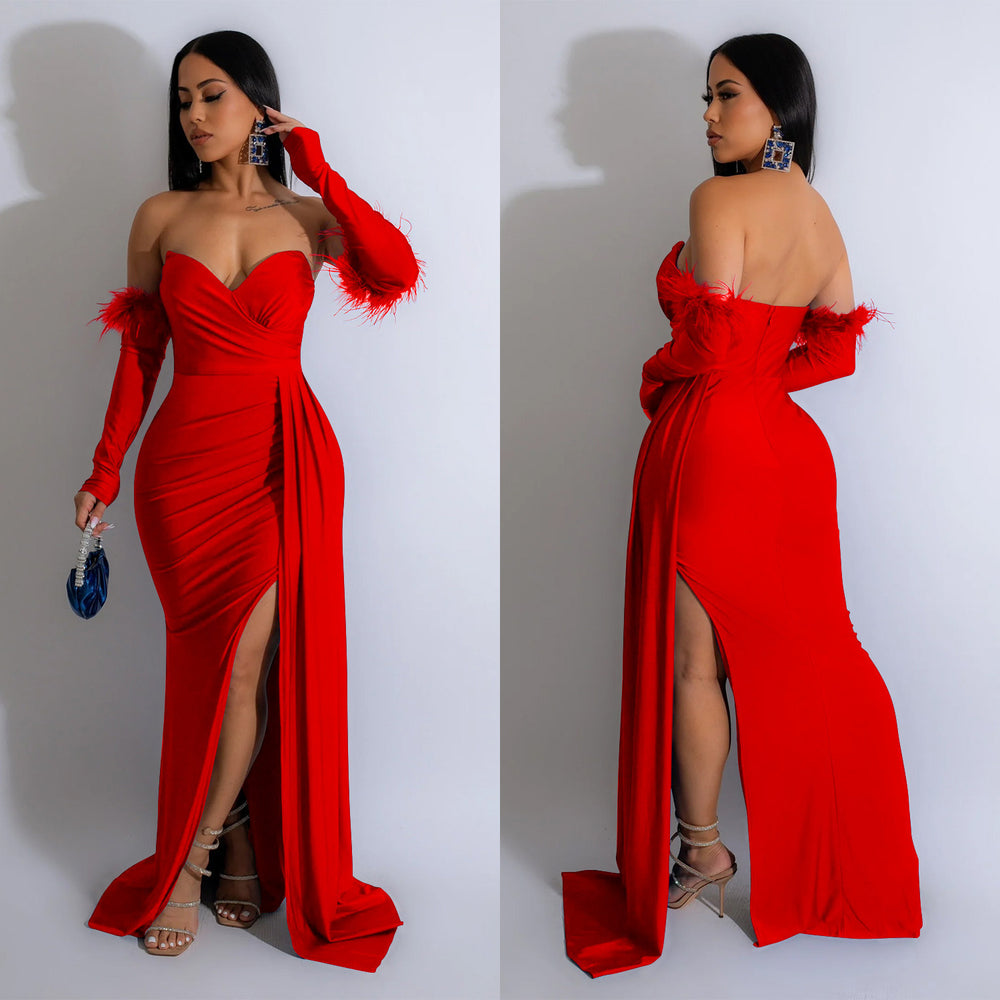 C6797 cross-border   fashion women's solid color pleated backless slit maxi dress