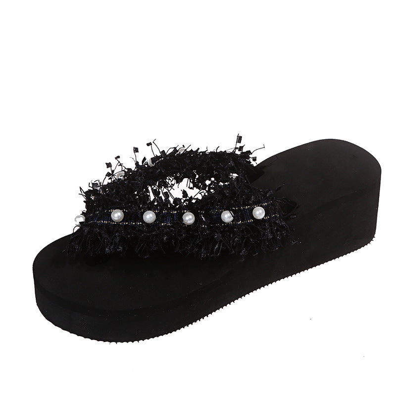 2024 summer new european and american style tassel open-toe pearl flip-flops flat sandals women's wholesale foreign trade shoes wish plus size