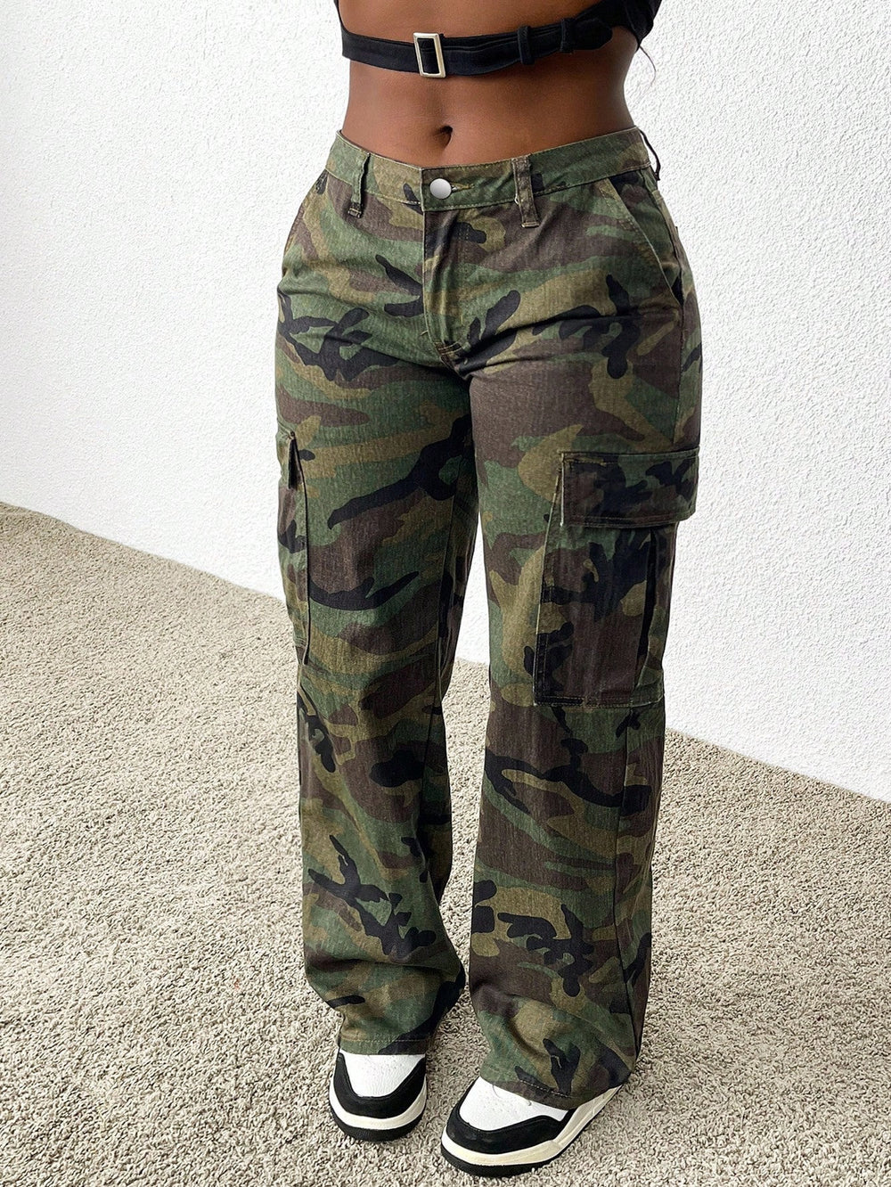 European and american style women's camouflage print multi-pocket cargo high-waisted wide leg casual denim pants