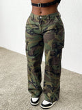 European and american style women's camouflage print multi-pocket cargo high-waisted wide leg casual denim pants