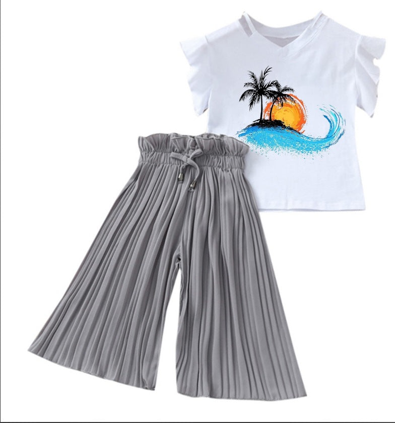 summer new arrivals: girls' letter print flutter sleeve top & wide-leg pants two-piece set (sizes 4-14y)
