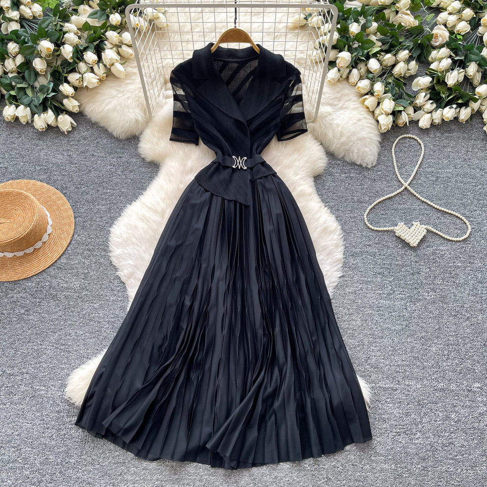 French chic blazer-style short sleeve dress - women's slim-fit pleated maxi dress for work and everyday elegance