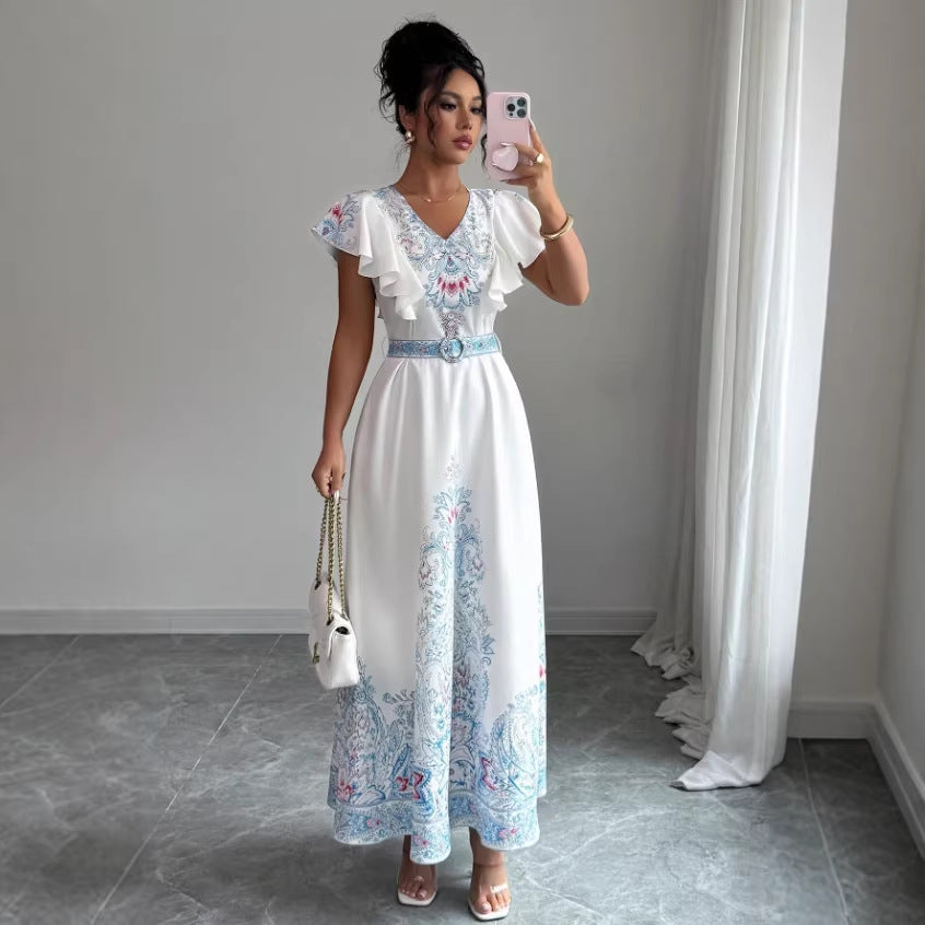spring/summer court style stand collar double-breasted lantern sleeve printed maxi dress with lace trim