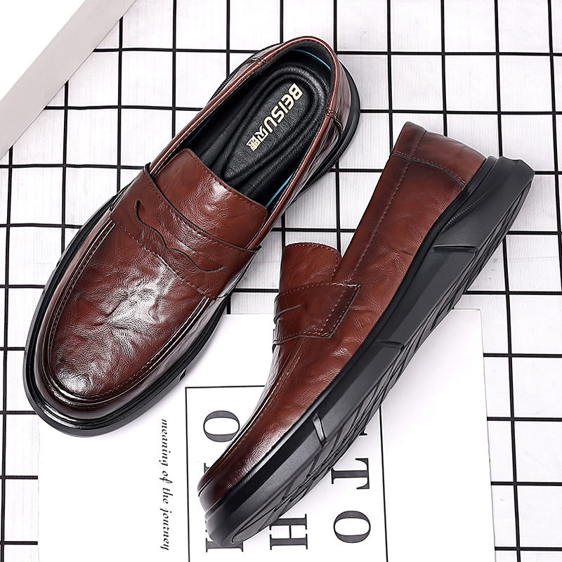 Casual leather shoes for men spring live broadcast british business formal wear hand-grabbed pattern soft leather soft bottom slip-on men's leather shoes