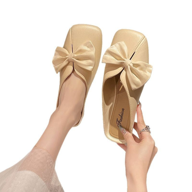 2025 new women's closed-toe slippers - summer outdoor wear, bow-embellished fashion sandals, trendy versatile flat half-slippers