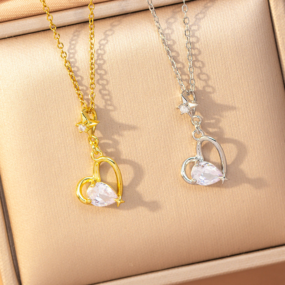 [titanium steel] light luxury elegant heart necklace for women high-end zircon inlaid versatile copper micro-inlaid electroplated clavicle chain jewelry