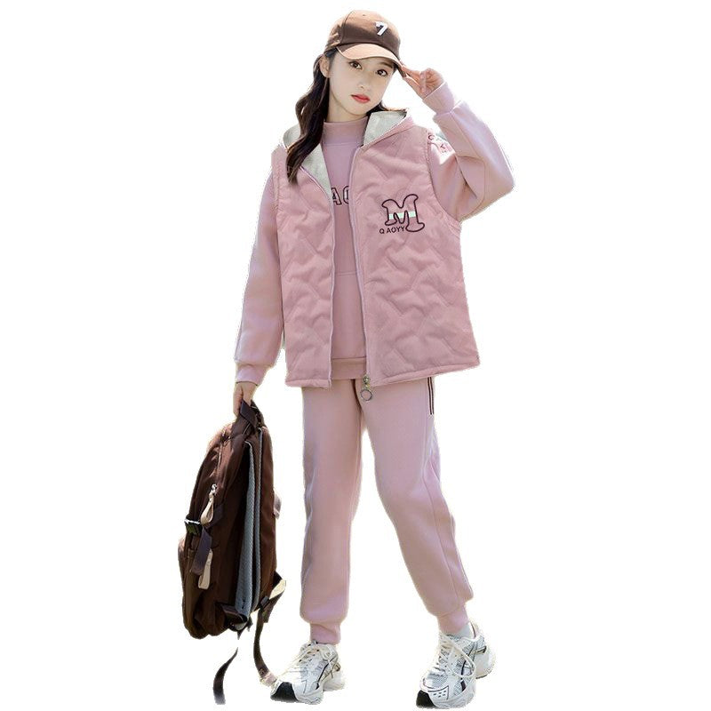 Girls' fall/winter hooded three-piece set, big girls' cotton-padded outfit,  new stylish children's winter clothes, thickened cotton-padded jacket