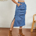 European and american cross-border trade women's summer new  independent station washed elastic waist drawstring denim midi skirt