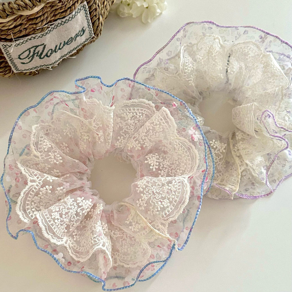 Pink floral mesh large intestine hair tie for women, extra large, high-end, lazy style hair rope, hair accessories, ball head, easiest for match