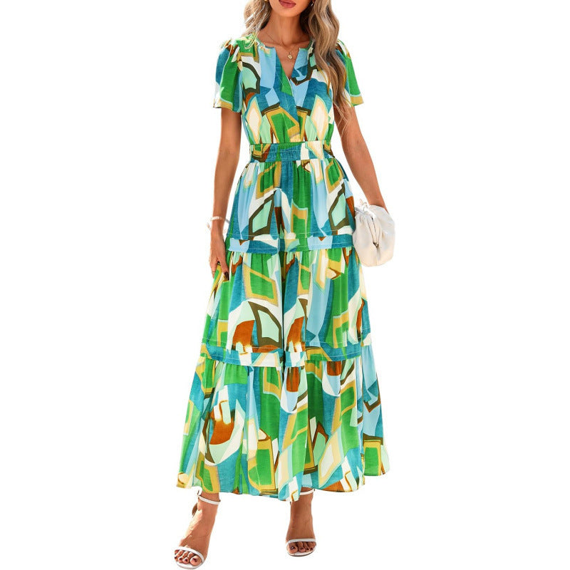 european and american retro floral short-sleeve v-neck dress - women's  summer new arrival a-line flowy vacation dress