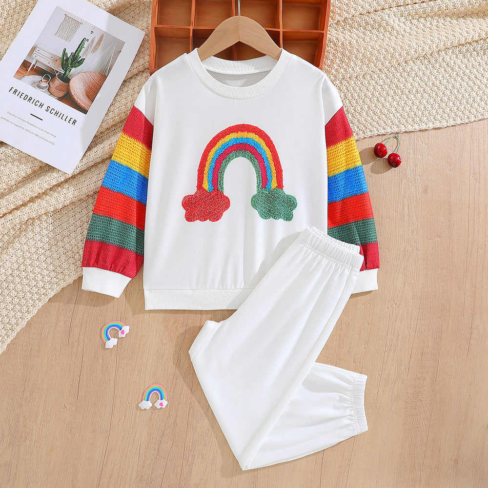 Export kidssweatshirttwo-piece setwhite round neck long sleeves rainbow embroiderprinting joggers pants boys and girls suit