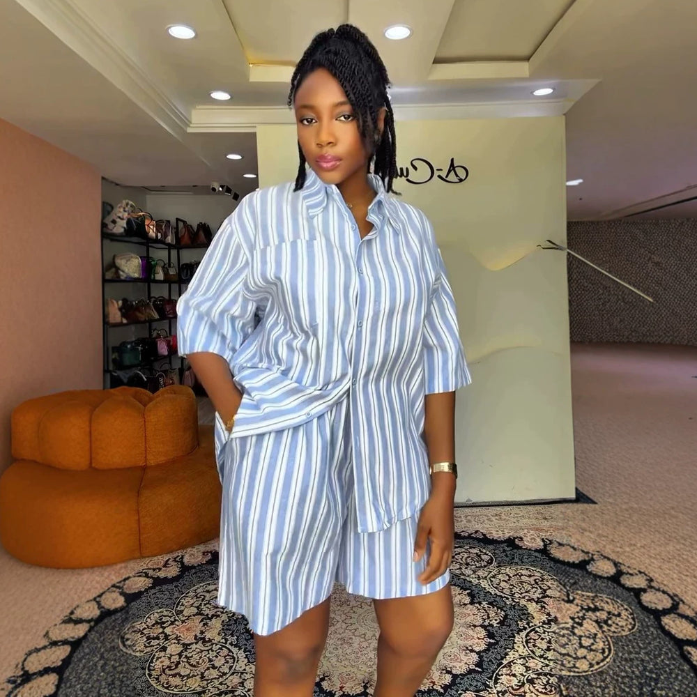 European and american cross-border women's fashion:  summer new arrivals - stylish casual loose tie-waist striped shirt and wide-leg shorts set