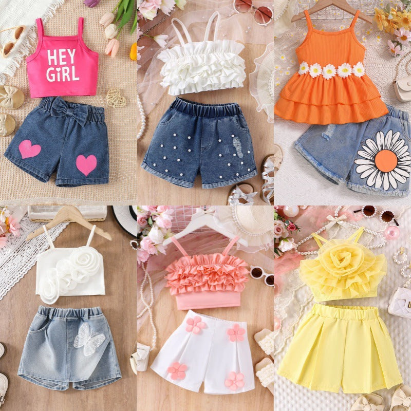 Girls' summer outfit set: stylish  new korean style children's summer short-sleeve two-piece fashion set for little girls and babies