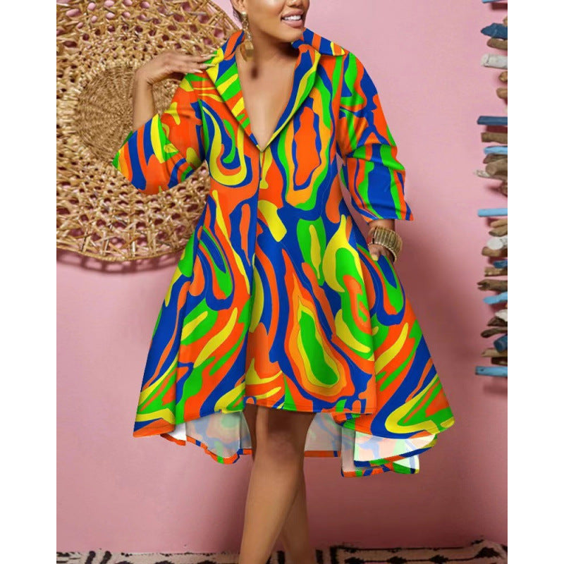 Fashion cross-border independent station  new arrival shirt collar loosefashionprintingdress for women