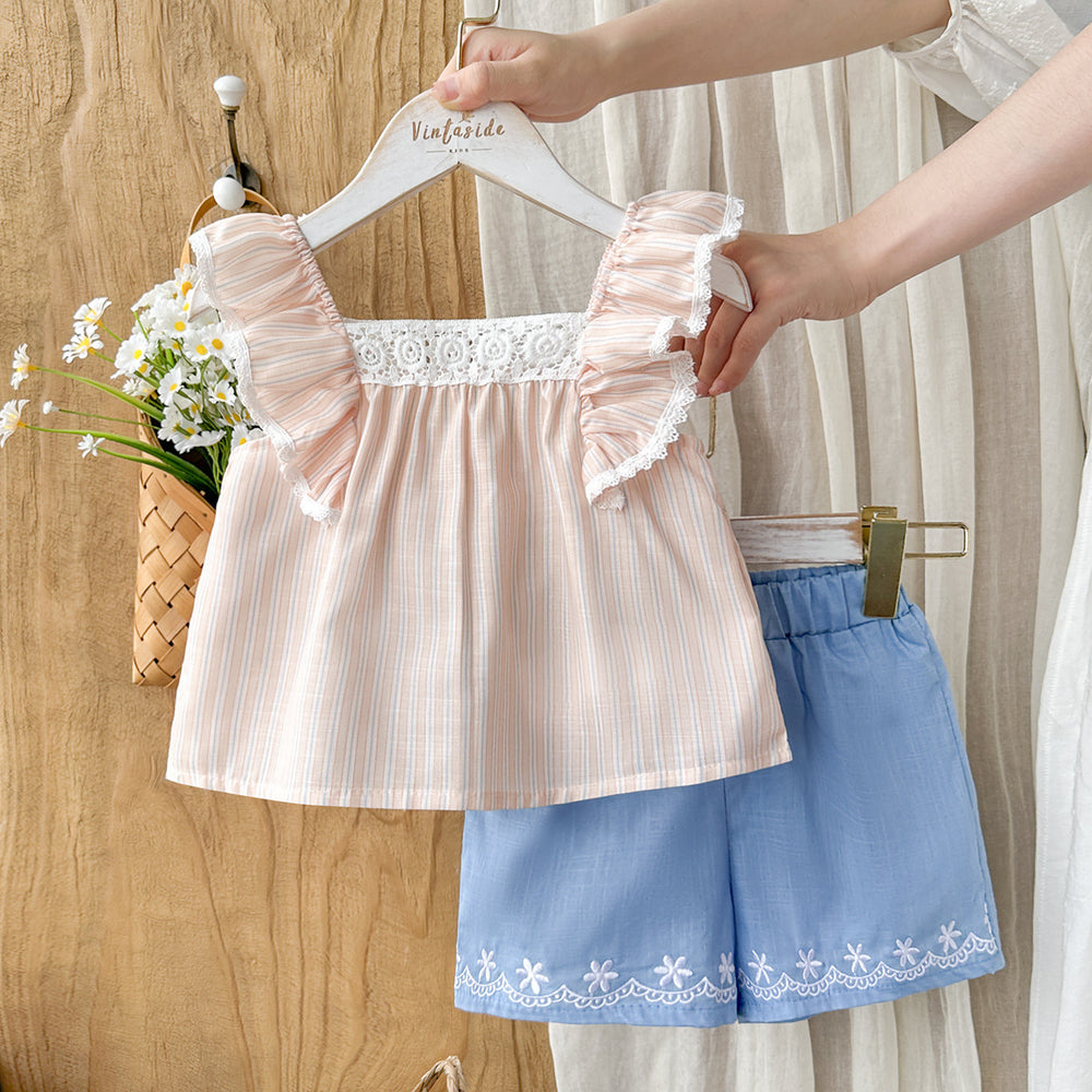 hot-selling cross-border girls' ruffle sleeve babydoll top + lace embroidered shorts two-piece set