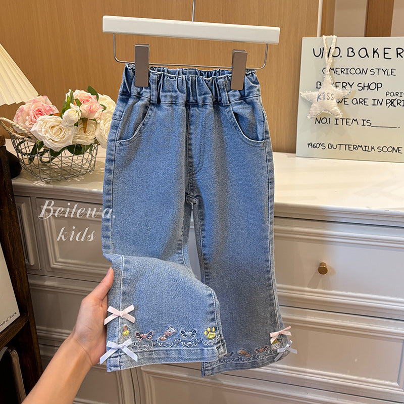 New girls' autumn collection: versatile cartoon embroidered bow denim jeans - korean style casual fashion for baby girls