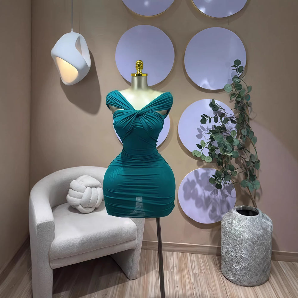 European and american cross-border women's spring  new arrival: solid color sleeveless bandeau ruched bodycon mini dress