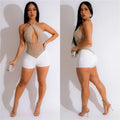 C6390 cross-border   fashion women's mesh rhinestone beaded sleeveless shorts jumpsuit